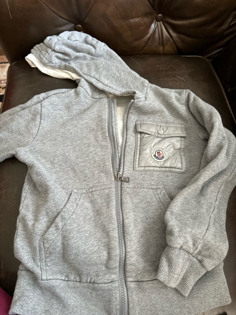 Moncler Light Gray Hooded Zip Sweatshirt with Logo Patch Pocket